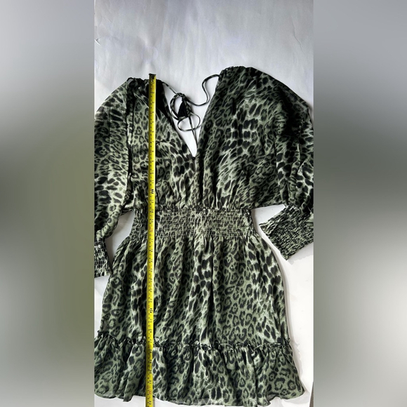 Lovestich green Leopard animal Print Dress with Black Accents flowy ruffle
